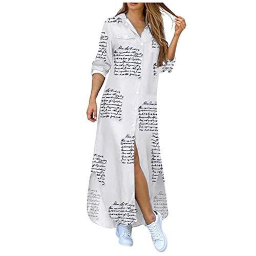 Franterd Casual Maxi Dress for Women,Floral Button Down Roll up Long Sleeve Long Dress Loose Long Maxi Dresses White