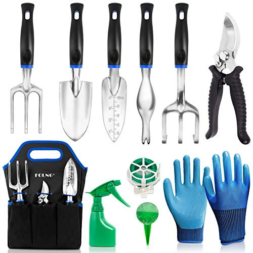 FOLNG Garden Tool Set, 12 Piece Stainless Steel Heavy Duty Gardening Tools, with Non-Slip Rubber Grip, Storage Pocket, Ideal Garden Tool Kit Gift for Women/Parent