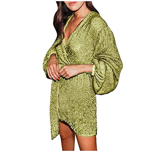 Pan Hui Women Sexy Long Sleeve Deep V Neck Club Mini Dresses Sequin Glitter Dress Sexy Party Club Dresses Green