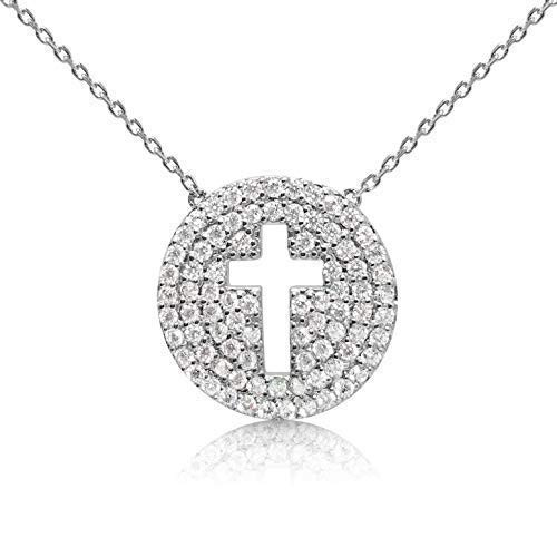 Round Cross Crucifix Necklace in 925 Sterling Silver for Women and Girls Beautiful Pendant Religious Jewelry Set With Sparkling Cubic Zirconia Gemstones