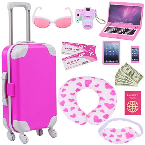 ZITA ELEMENT 16 Pcs American Doll Suitcase Luggage Travel Play Set for Girl 18 Inch Doll Travel Carrier Storage, Including Luggage Pillow Blindfold Sunglasses Camera Computer Cell Phone Ipad,ect