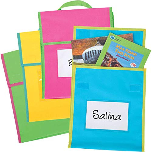 Really Good Stuff Store More Medium Book Pouches  Send Home Books and Homework in Durable Fabric Book Bag  Stitched-On Handle, Clear Name Tag Pocket, Neon Colors, 10x1x12 (Set of 4)
