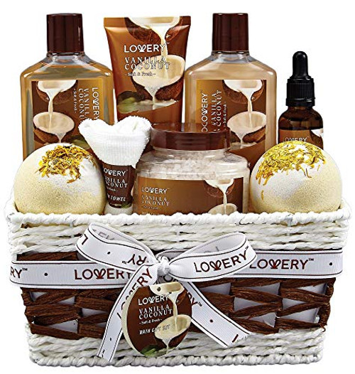 Bath and Body Gift Basket For Women and Men  9 Piece Set of Vanilla Coconut Home Spa Set, Includes Fragrant Lotions, Extra Large Bath Bombs, Coconut Oil, Luxurious Bath Towel  and  More