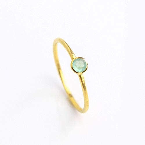 Tiny Aqua Chalcedony Gemstone Set on Dainty Thin Ring Band, Simple Stackable March Birthstone Ring