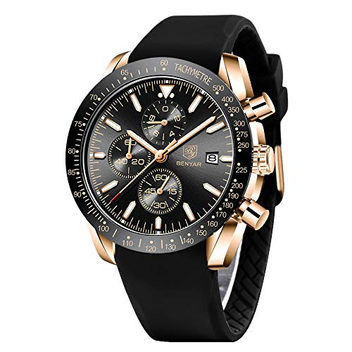 BENYAR - Stylish Wrist Watch for Men, Genuine Silicone Strap Watches, Perfect Quartz Movement, Waterproof and Scratch Resistant, Analog Chronograph Quartz Business Watches, Best Mens Gift.