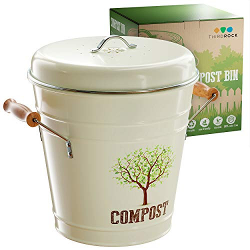 Third Rock Compost Bin Kitchen - 1.0 Gallon Compost Pail with Inner Compost Bucket Liner - Premium Dual Layer Powder Coated Carbon Steel Countertop Compost Bin - Includes Charcoal Filter