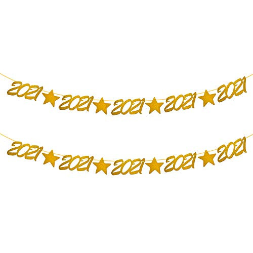 Happy New Year Banner Garland, Gold Glittery Happy New Year Decorations 2021 Garland, 2021 New Year Banner Garland for 2021 New Years Eve Party Decorations, New Year Party Decorations- 2 Packs