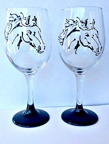 Black Stallion Horse Hand Painted Wine Glasses Set of 2