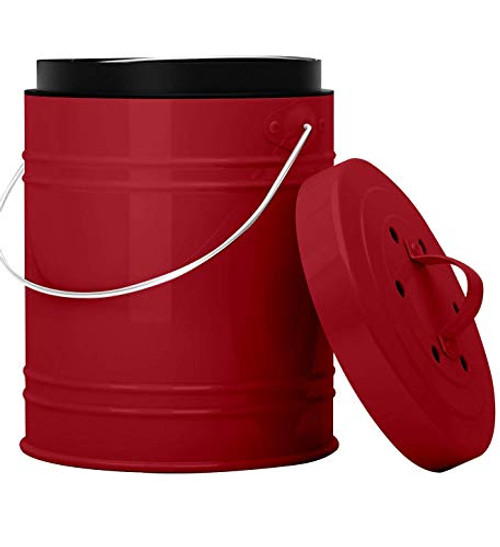 Oversized 1.3 Gallon Kitchen Compost Bin with EZ-No Lock Lid, Plastic Liner  and  Charcoal Filters in Red  and  Black - Sturdy Construction  and  Odor-Free Seal to Prevent Smell w/Dishwasher Safe Bucket