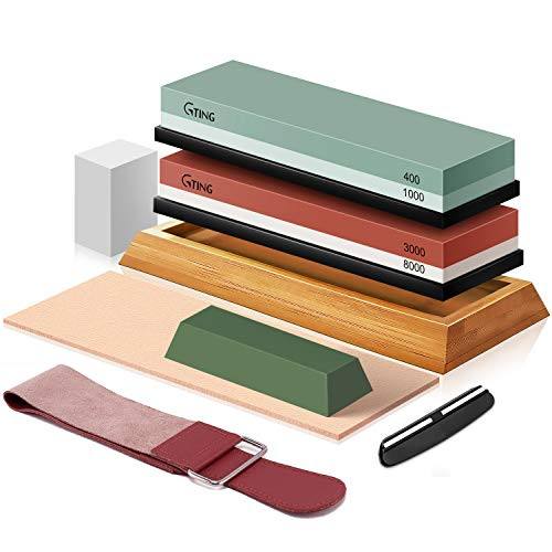 Knife Sharpening Stone Set, G-TING 400/1000 and 3000/8000 Grit Whetstone Knife Sharpener Kit with Leather Razor Strop, Leather Honing Strop, Polishing Compound, Bamboo Base and Flattening Stone