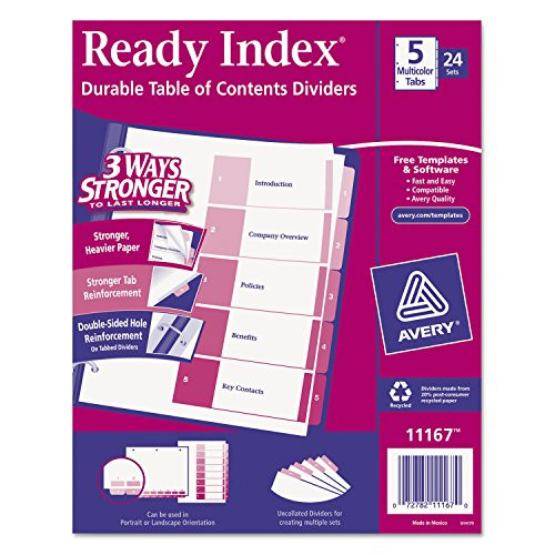 Averyamp reg  - Ready Index Table/Contents Dividers, 5-Tab, Letter, Assorted, 24 Sets/Box - Sold As 1 Box - Print or photocopy Titles Framed with Bright Colors Matched to preprinted tabs.
