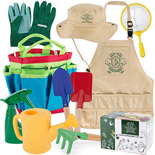 Kids Gardening Tools, 10 Piece - Premium Garden / Backyard Tool Set with Gloves, Apron, Rake, Hat, Shovel, Trowel, Watering Can, Spray Bottle, Butterfly Net  and  Tote - Outdoor Toys for Boys  and  Girls