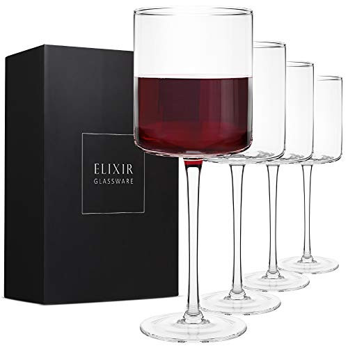 Square Red Wine Glasses Set of 4 - Hand Blown Edge Wine Glasses - Modern Flat Bottom Wine Glasses - Unique Large Wine Glasses with Stem For Cabernet, Pinot Noir, Burgundy, Bordeaux - 17oz Clear Square Red Wine Glasses Set of 4 - Hand Blown Edge Wine Glasses - Modern Flat Bottom Wine Glasses - Unique Large Wine Glasses with Stem For Cabernet, Pinot Noir, Burgundy, Bordeaux - 17oz Clear