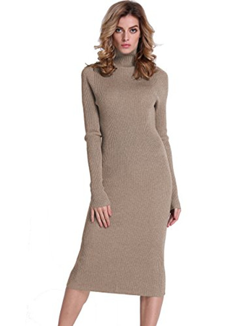 PrettyGuide Women Slim Fit Ribbed Turtleneck Long Sleeve Midi Knit Sweater Dress Camel L