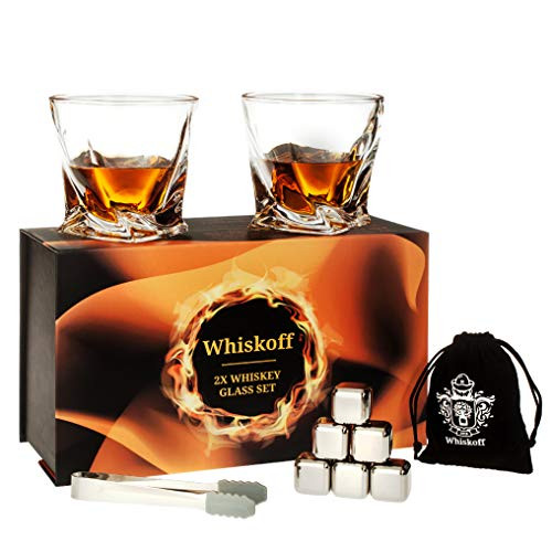 Whiskey Glass Set of 2 - Scotch 6 Stainless Steel Chilling Stones Set - Bourbon Glasses Gift Set for Dad - Whiskey Metal Ice Cubes Gift Box - Whiskey Stones Gift Set - Whiskey Set for Men - Mens Gifts