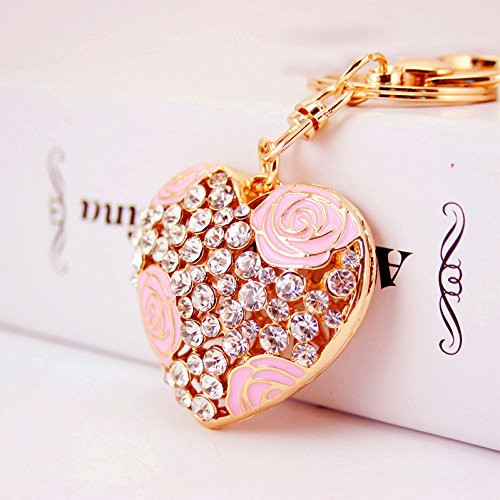 Reizteko Rose Heart Keychain Sparkling Flower Keyring Crystal Rhinestones Purse Pendant Handbag Charm (Pink)