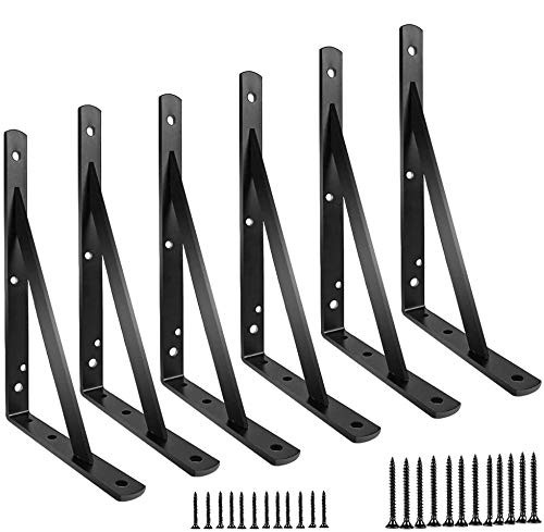 Shelf Brackets 10 inch, Heavy Duty Floating Shelf Bracket for Open Shelving, Black Metal L Bracket Angle Wall Brackets for Shelves - 6 Pack with Screws - Multi-Size Available (10 inch - 6 Pack)