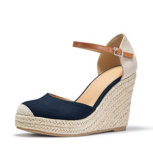 FISACE Womens Summer Espadrille Heel Platform Wedge Sandals Ankle Buckle Strap Closed Toe Shoes
