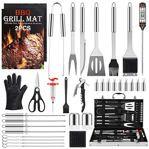 Birald Grill Set BBQ Tools Grilling Tools Set Gifts for Men, 34PCS Stainless Steel Grill Accessories with Aluminum Case,Thermometer, Grill Mats for Camping/Backyard Barbecue,Grill Utensils Set for Dad