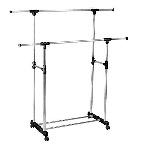 Heavy Duty Adjustable Double Rail Rolling Clothes Rack - Portable Height Garment Rack Hanging Rack For Clothes With Wheels For Indoor Or Outdoor Use (Money-saving  and  Room-saving)