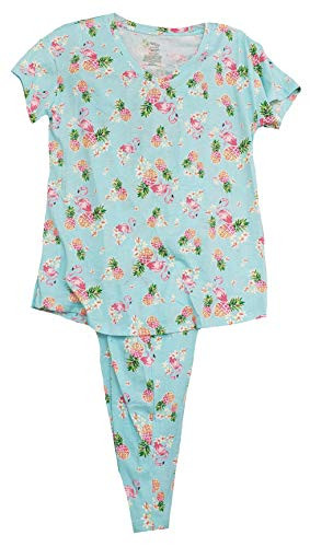 Pineapple Floral Pastel Turquoise Tee  and  Capri Knit Pajama Sleep Set - X-Large