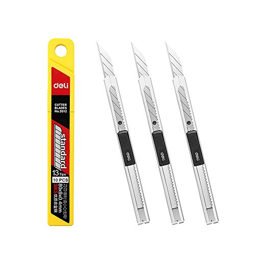 Deli Retractable Box Cutters, 3 Utility Knife and Extra 10 Blade Refills, Sharp Cartons Cardboard Cutter Razor Knife, Smooth Mechanism Perfect for Office and Home Use