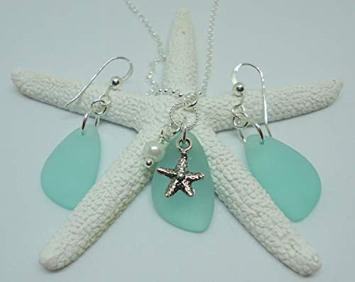 Beautiful SEA GLASS Set- Charm Necklace with Matching Earrings - Set of Sea Glass Earrings and Necklace- Sterling Silver 18" chain - With Pearl and Starfish Charms -Nautical Jewelry - Beach Glass