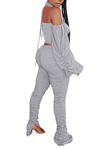 Salimdy Women's Sexy 2 Piece Workout Outfits Solid Halter Crop Top Bodycon Stacked Leggings Pant Sets Jogging Suits Jumpsuits Gray L