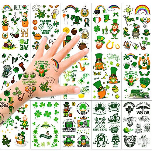 HOWAF St Patricks Day Tattoos,14 Unique Sheets, 120Plus Pcs St Patricks Day Stickers, St. Patrick's Day Temporary Tattoos Shamrock, Amazing Irish St Patricks Day Decorations Party Favors