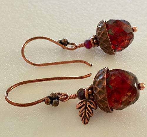 Acorn Earrings, Rustic Amber Sunset Picasso Czech Glass, Antique Copper Acorn Caps, Copper Oak Leaves, Handmade French Ear Hooks, Woodland Earrings, Fall, Autumn Earrings.