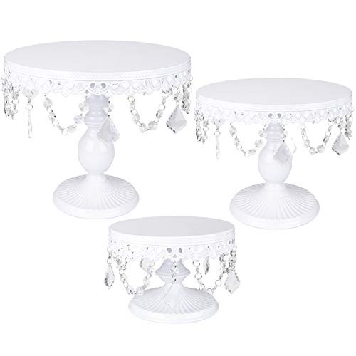 Hedume 3-Set Round Cake Stand, White Metal Cake Stands with Pendants and Beads, Dessert Cupcake Pastry Candy Display for Wedding, Event, Birthday Party