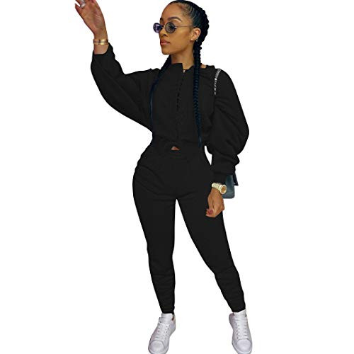 TOPSRANI Women 2 Piece Fall Outfits Jogging Suits Sweatsuit Tracksuit Sweatpants Jogger Pant Sets Casual Club Black L