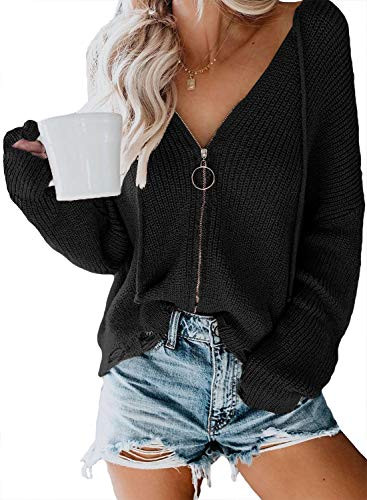 Paitluc Womens Pullover Sweaters Zip Up Cardigan Sweaters with Hood Knit Jacket Black Size M