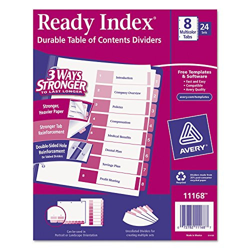Averyamp reg  Ready Index Table/Contents Dividers, Eight-Tab, 1-8, Letter, Assorted, 24 Sets
