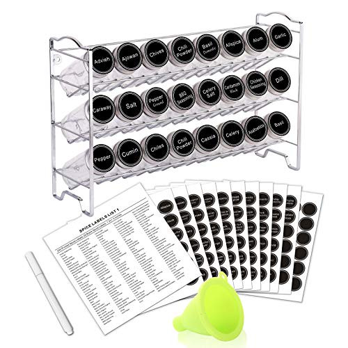 SWOMMOLY Spice Rack with 24 Empty Round Spice Jars, 396 Spice Labels with Chalk Marker and Funnel Complete Set, for Countertop, Cabinet or Wall Mount ,Chrome