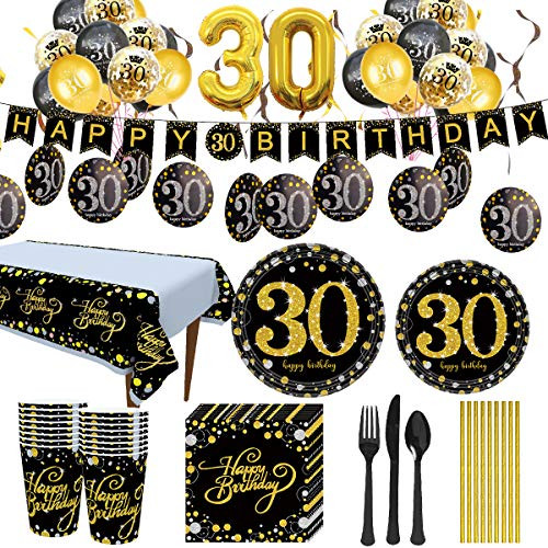 Trgowaul 30th Birthday Party Supplies - Black and Gold Disposable Paper Plates, Napkins, Cups, Tablecloth Forks, Knives and Spoons for 24 Guests and Party Number Balloon Decorations Banner