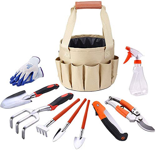 Garden Tools Set - Collapsible Gardening Bag,10 Piece Heavy Duty Gardening Kit?Gardening Tools with Garden Gloves?Garden Tote?Garden Trowel Pruners and More, Gardening Gifts Tool Set for Family