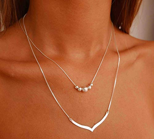Handmade Set Of 2 Sterling Silver Necklaces - Dainty Sterling Silver Necklace With Beads  and  V Shape Pendant For Women