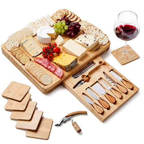 Extra Large Bamboo Cheese Board - Wooden Charcuterie Board - Serving Platter Tray and Knife Set - Housewarming Gifts for Women Birthday New Home