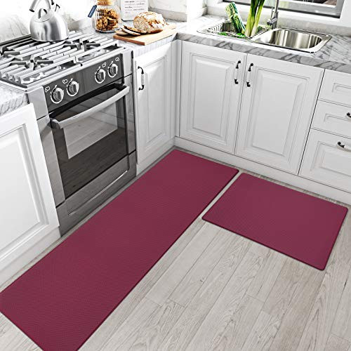 DEXI Kitchen Rugs and Mats Cushioned Anti Fatigue Comfort Runner Mat for Floor Rug Waterproof Standing Rugs Set of 2,18"x29"Plus18"x59", Maroon Red
