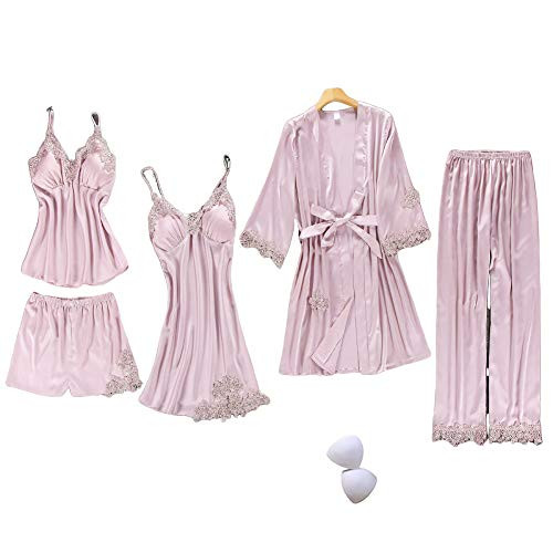 SAPJON Women's Silk Satin Pajama Set Cami Top Nightgown Lace Night Robe Sexy Sleepwear Robe Sets Nightdress With Chest Pads