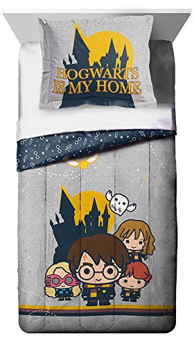 Jay Franco Harry Potter Charms Twin Comforter  and  Sham Set, Featuring, Ron, Hermoine, and Luna Lovegood, Gray