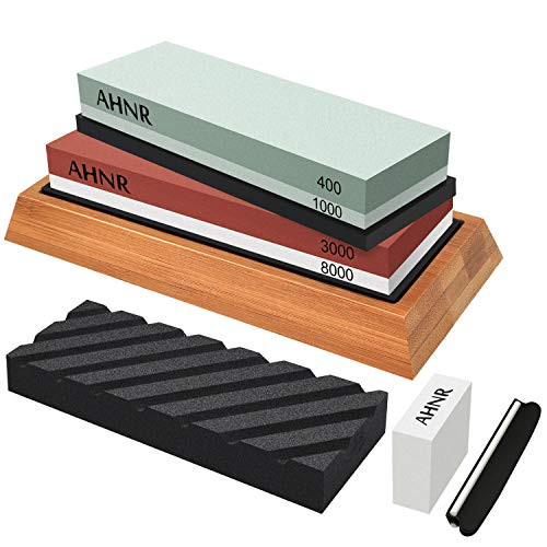 Knife Sharpening Stone Set - 4 Side Grit 400/1000 and 3000/8000 Waterstone, AHNR Professional Knife Sharpener Whetstone Kit Includes NonSlip Bamboo Base, Flattening Stone and Angle Guide Knife Sharpening Stone Set - 4 Side Grit 400/1000 and 3000/8000 Waterstone, AHNR Professional Knife Sharpener Whetstone Kit Includes NonSlip Bamboo Base, Flattening Stone and Angle Guide