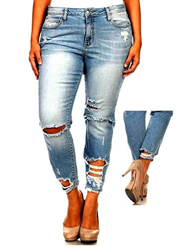 Jack David/L,Square Womens Plus Size Stretch Distressed Ripped Blue Skinny Denim Jeans (20, Jack David Blue Jeans WV74422P)