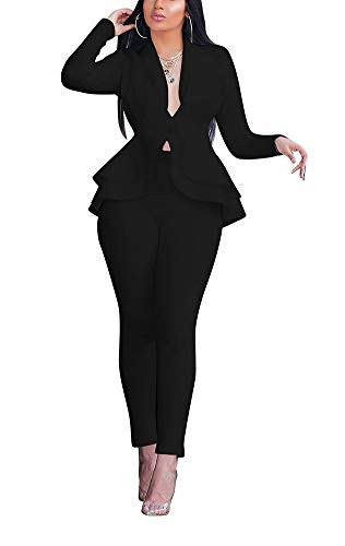 Pants and Blazer Set for Women Sexy Long Sleeve Ruffle Hem Peplum Blazer Jacket with Bodycon Long Pants Work Office 2 Piece Suit Set Clubwear Outfits Black, XX-Large