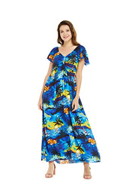 Women's Hawaiian Maxi Ruffle Sleeve Dress Sunset Blue