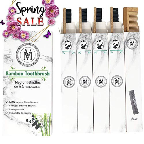 Bamboo Toothbrushes Charcoal Eco Friendly Biodegradable Natural Wooden Toothbrush - 4 Pack - Soft Medium Bristles Organic, Premium Sensitive & Teeth Whitening, Compostable Sustainable Vegan BPA Free