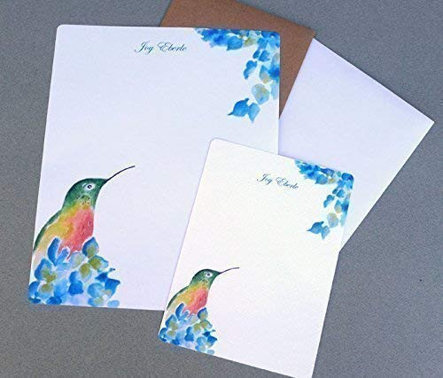 Complete Personalized Letter Writing Stationery Set, Hummingbird  and  Hydrangea, Custom Writing Paper, Women's Personalized Flat Note Cards, Complete Monogrammed Personalized Stationary With Envelopes