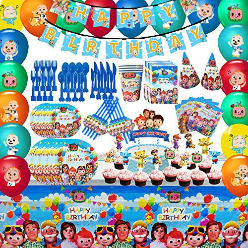 Cocomelon Party Favor Party Decorations Cocomelon Birthday Party Supplies, Flatware, Spoons, Fork, Knife, Plates, Cups, Table Covers, Banner, Napkins, Cake Toppers, Balloons for Kids Boy