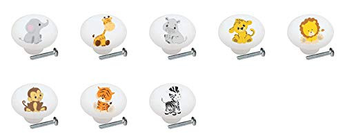 SET OF 8 KNOBS - Baby Safari Animals Kids Children's - DECORATIVE Glossy CERAMIC Cupboard Cabinet PULLS Dresser Drawer KNOBS